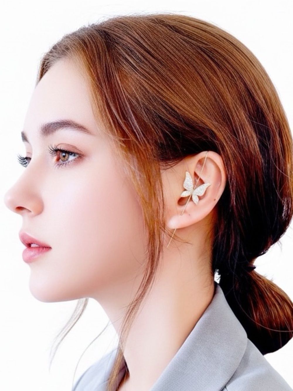 Gold Butterfly Ear Pin Spear Crawler Cuff Rhinestone NWT
